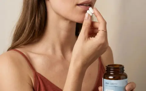 Frau nimmt Zinktabletten ein. Die Flasche zeigt "Zink Tabletten". Informieren Sie sich über wie viel Zink am Tag.