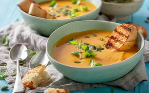Cremige Kürbissuppe mit geröstetem Brot und Kürbiskernen. Perfekt für leichte, wohltuende schonkost rezepte.