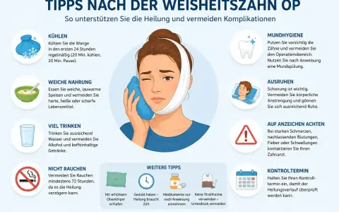 Tipps nach der Weisheitszahn-OP: Weiche Nahrung, Kühlung, Ruhe und Mundhygiene sind wichtig für die Heilung.