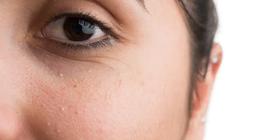 Nahaufnahme eines Auges mit kleinen weißen Milien unter dem Auge, die entfernt werden sollen.