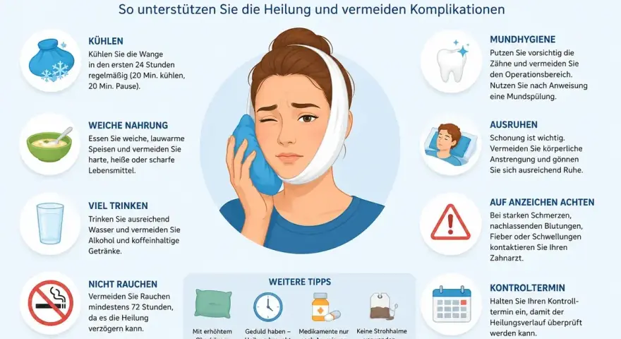 Tipps nach der Weisheitszahn-OP: Weiche Nahrung, Kühlung, Ruhe und Mundhygiene sind wichtig für die Heilung.