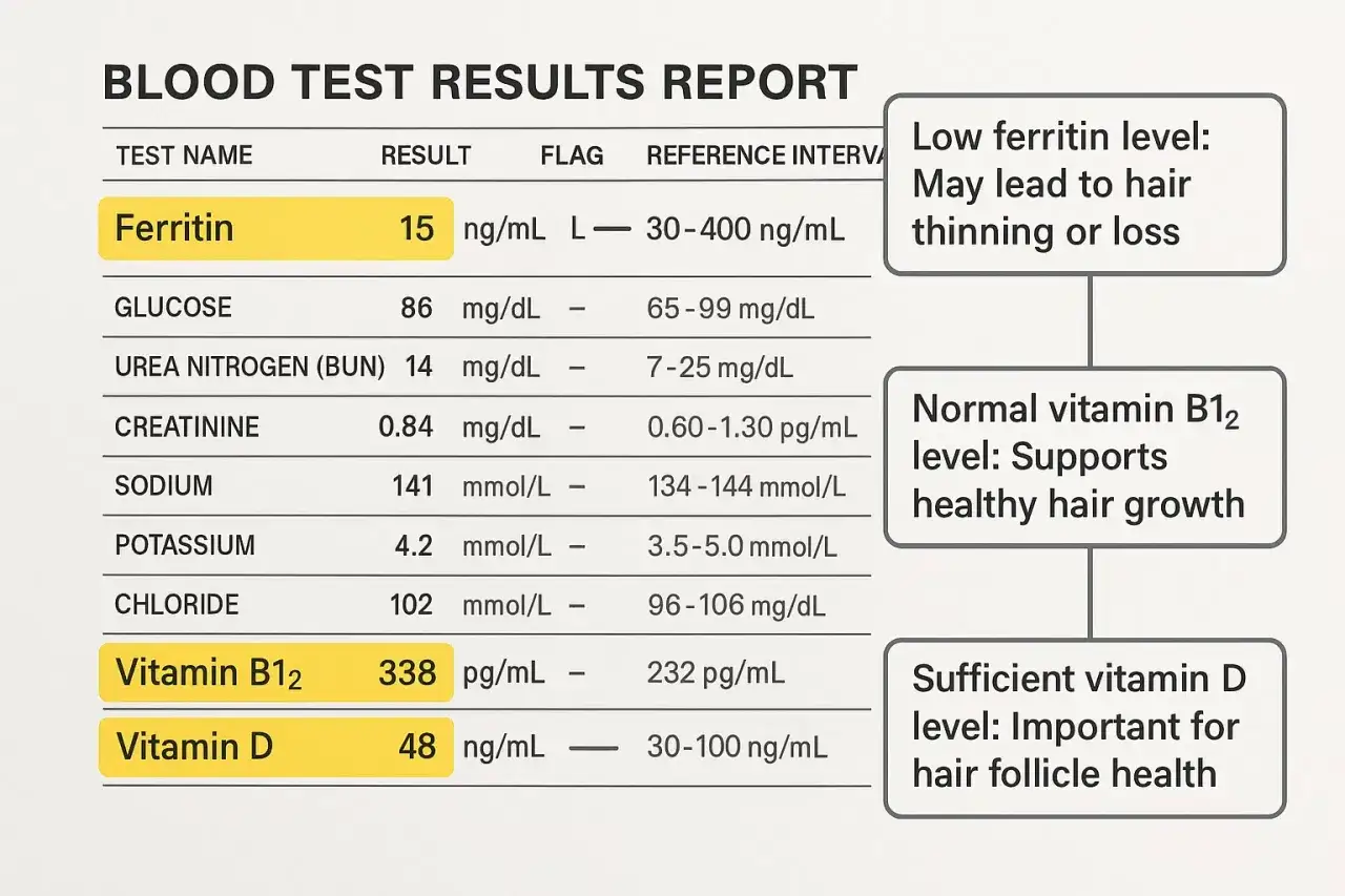 Bluttestbericht zeigt einen niedrigen Ferritin wert von 15 ng/mL, was zu Haarausfall f&uuml;hren kann. Vitamin B12 und D sind im Normbereich.