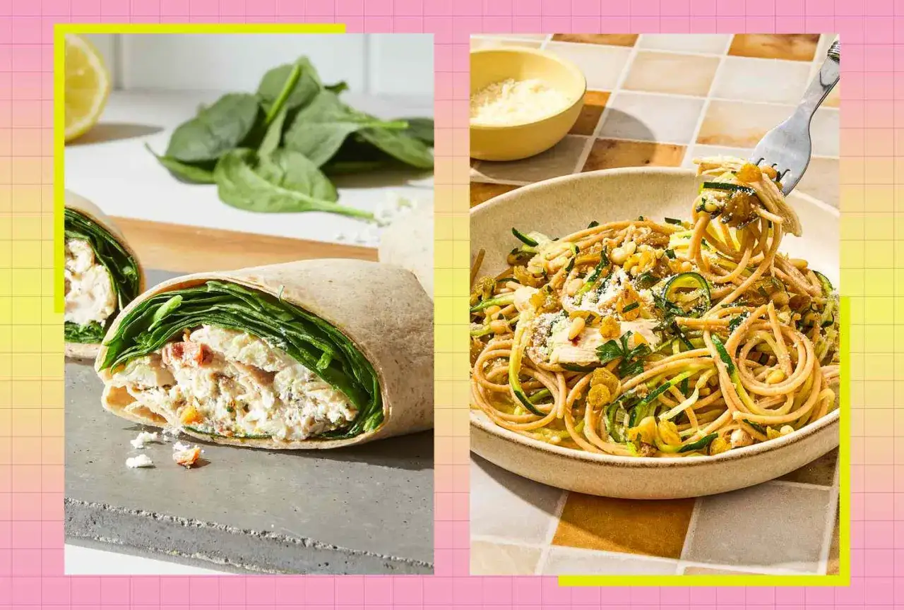 Gesunde Mahlzeiten: Hähnchen-Wrap mit Spinat und Zucchini-Nudel-Pasta, ideal um Triglyceride senken.