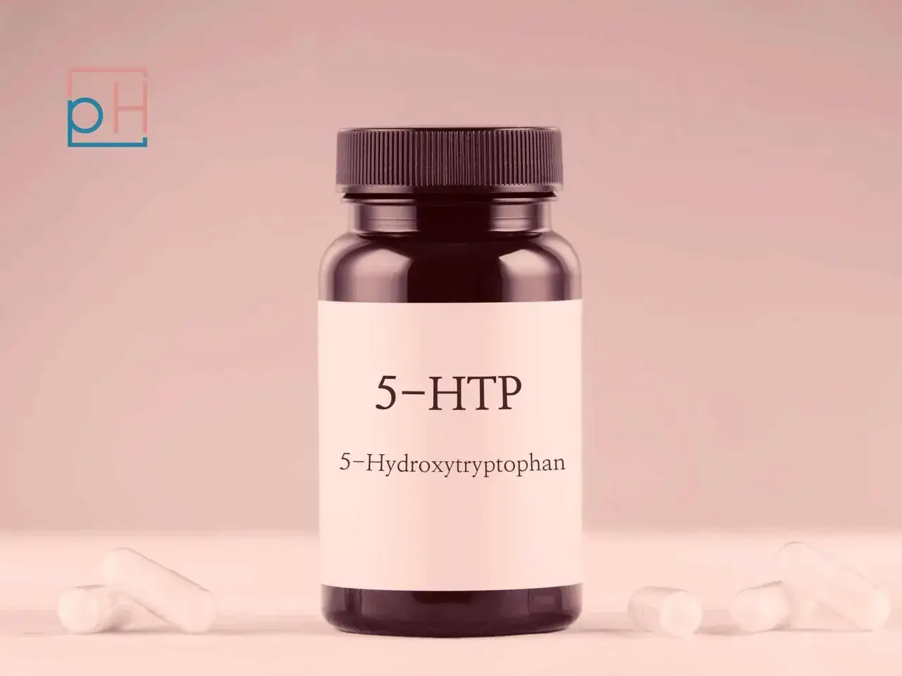 Flasche mit 5-HTP-Kapseln, die für Wohlbefinden und Stimmung gedacht sind.