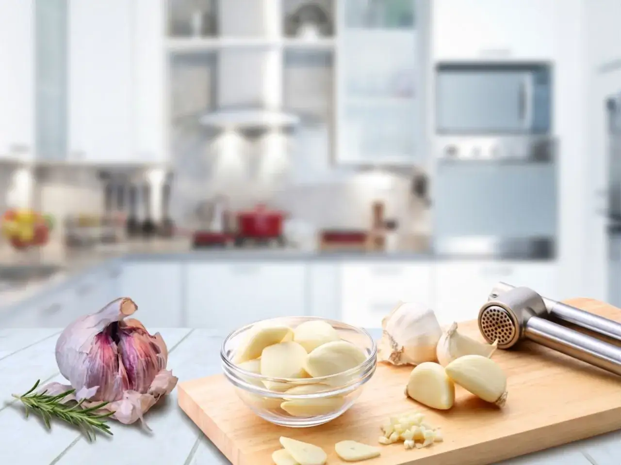 Knoblauch gesund: frische Knoblauchzehen, eine ganze Knolle und ein Knoblauchpresse liegen auf einem Holzbrett in einer modernen Küche.