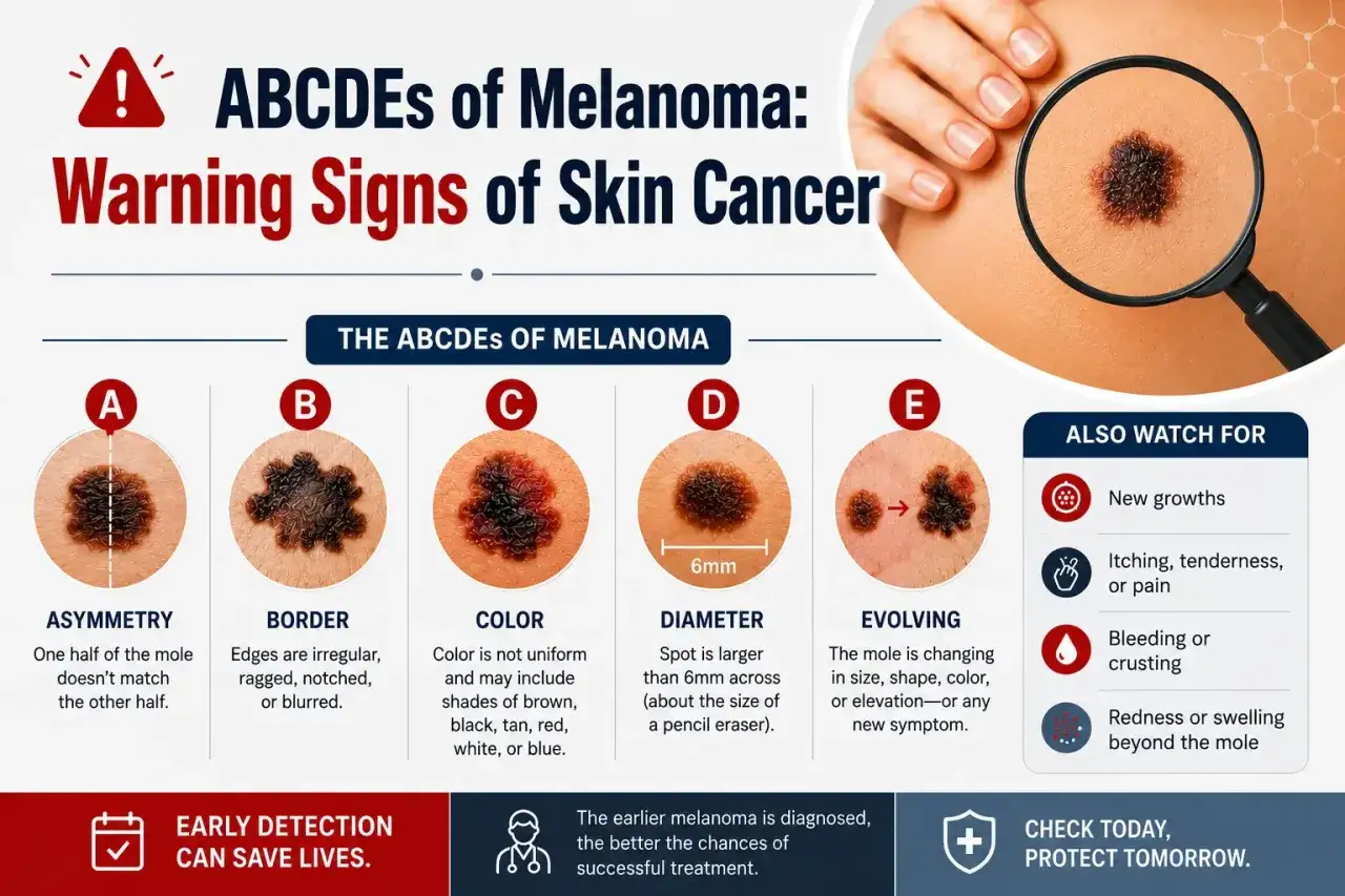 ABCDEs von Melanomen: Warnzeichen f&uuml;r Hautkrebs. Achten Sie auf Asymmetrie, unregelm&auml;&szlig;ige R&auml;nder, Farbwechsel, gr&ouml;&szlig;eren Durchmesser und Entwicklung &ndash; wichtige Hautkrebs-Symptome.