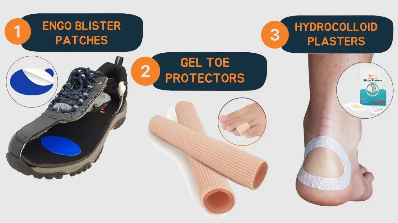 Produkte zur Blasenbehandlung: Schuh mit Blasenpflaster, Zehensch&uuml;tzer und Hydrokolloid-Pflaster. Hilft, eine Blase aufzustechen und zu heilen.