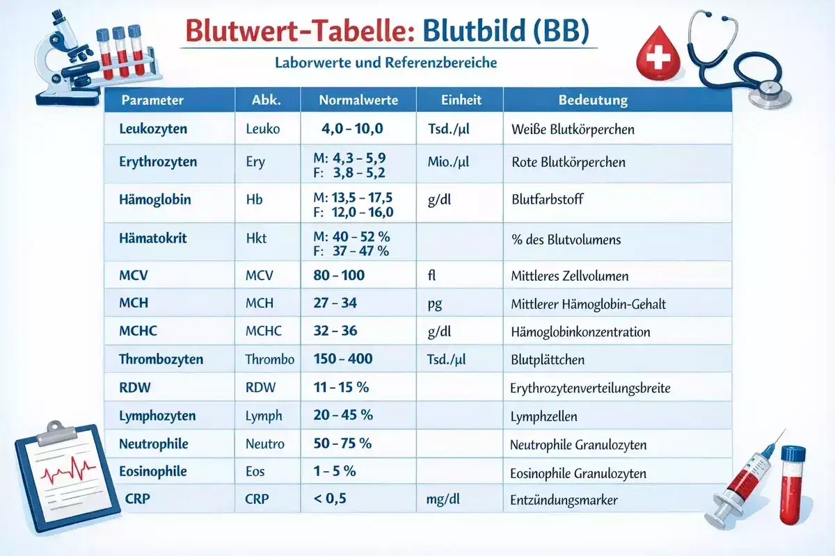 Blutbild-Tabelle mit Parametern wie Leukozyten, Erythrozyten, H&auml;moglobin und CRP. Der ldh wert ist nicht direkt aufgef&uuml;hrt, aber die Tabelle zeigt wichtige Blutwerte.