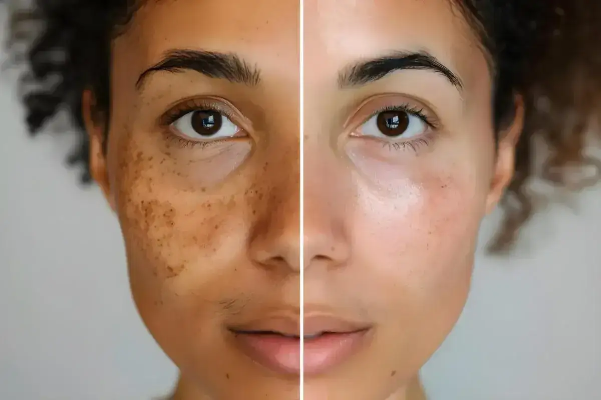 Vergleich zweier Gesichtshälften: links mit sichtbaren Pigmentflecken im Gesicht, rechts mit klarer, ebenmäßiger Haut.