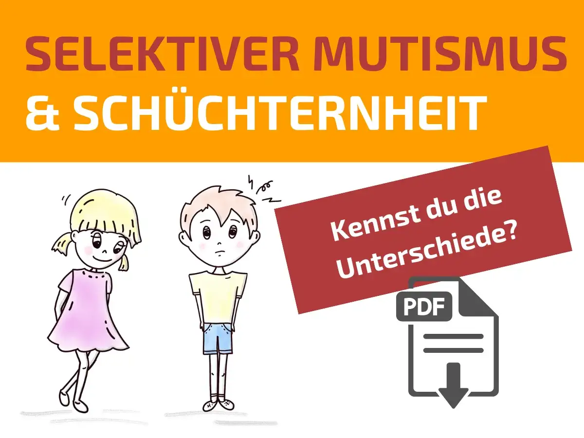 Zwei Kinder, ein Mädchen und ein Junge, stehen nebeneinander. Der Junge wirkt unsicher, was auf selektiven Mutismus hindeuten könnte. Ein rotes Banner fragt: