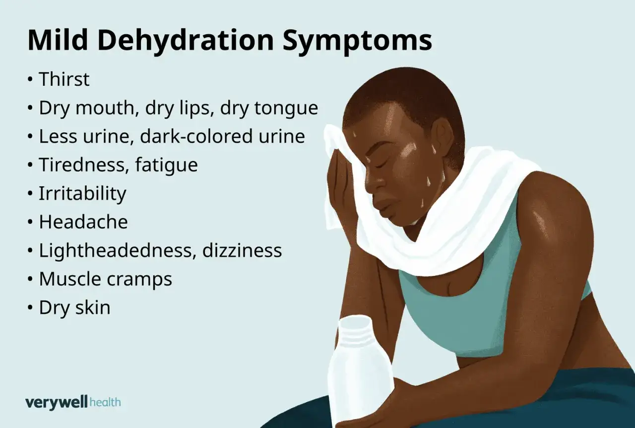Milde Dehydrationssymptome: Durst, trockener Mund, Müdigkeit, Kopfschmerzen, Schwindel, trockene Haut.