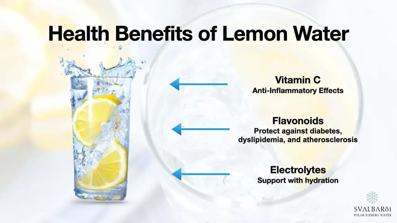 Erfrischendes zitronenwasser am morgen mit Eis und Zitronenscheiben. Es listet Vorteile wie Vitamin C, Flavonoide und Elektrolyte auf.