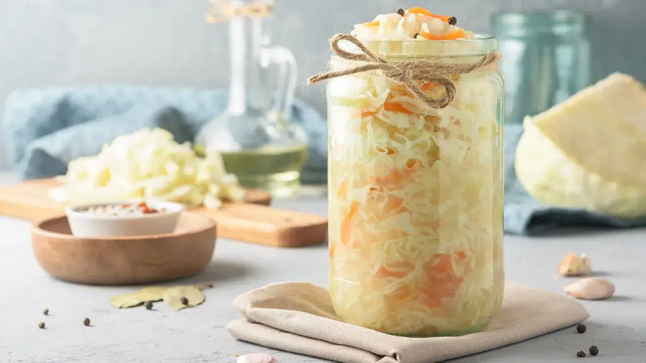 Ein Glas hausgemachtes Sauerkraut, das zeigt, wie gesund Sauerkraut ist. Daneben liegen frische Kohlköpfe und Gewürze.