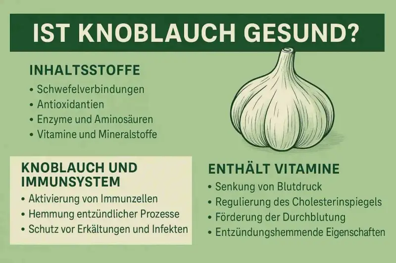 Knoblauch ist gesund! Die Grafik zeigt, dass er Schwefelverbindungen, Antioxidantien, Enzyme, Aminosäuren, Vitamine und Mineralstoffe enthält. Er stärkt das Immunsystem und fördert die Durchblutung.