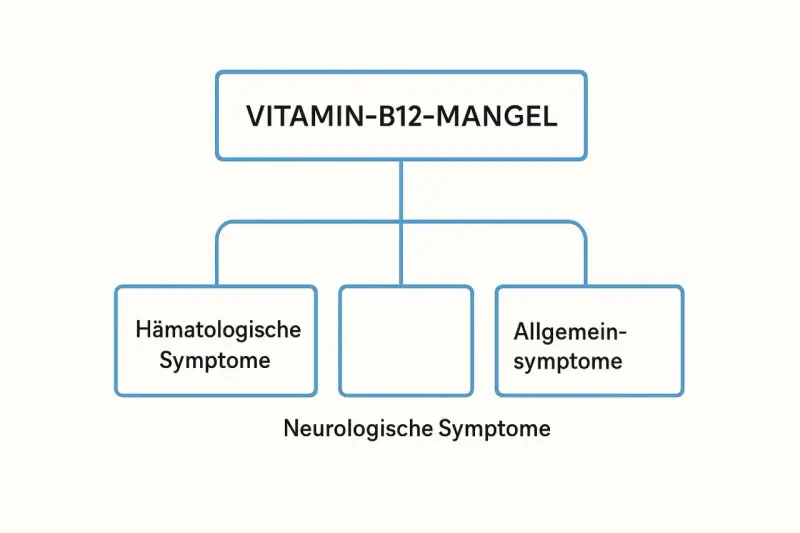Flussdiagramm zeigt: Vitamin-B12-Mangel mit hämatologischen, neurologischen und allgemeinen Symptomen.